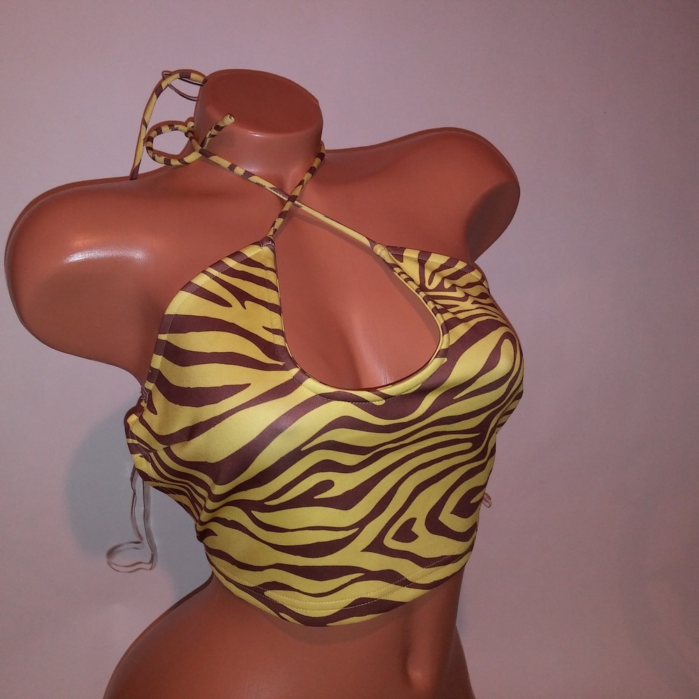 Meshki Crop Top Medium Lime Brown Halter Sleeveless Tie Back